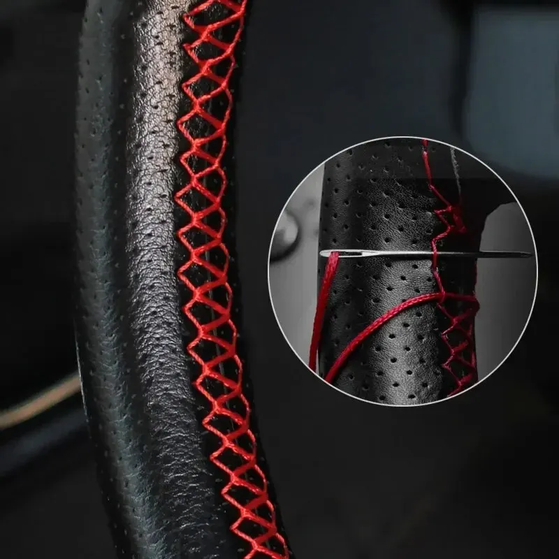 Universal Leather Car Steering Wheel Stitch On Wrap Cover Fit for 38cm 14" DIY Sewing Breathable and Anti Slip Black Grey Beige - Image 5
