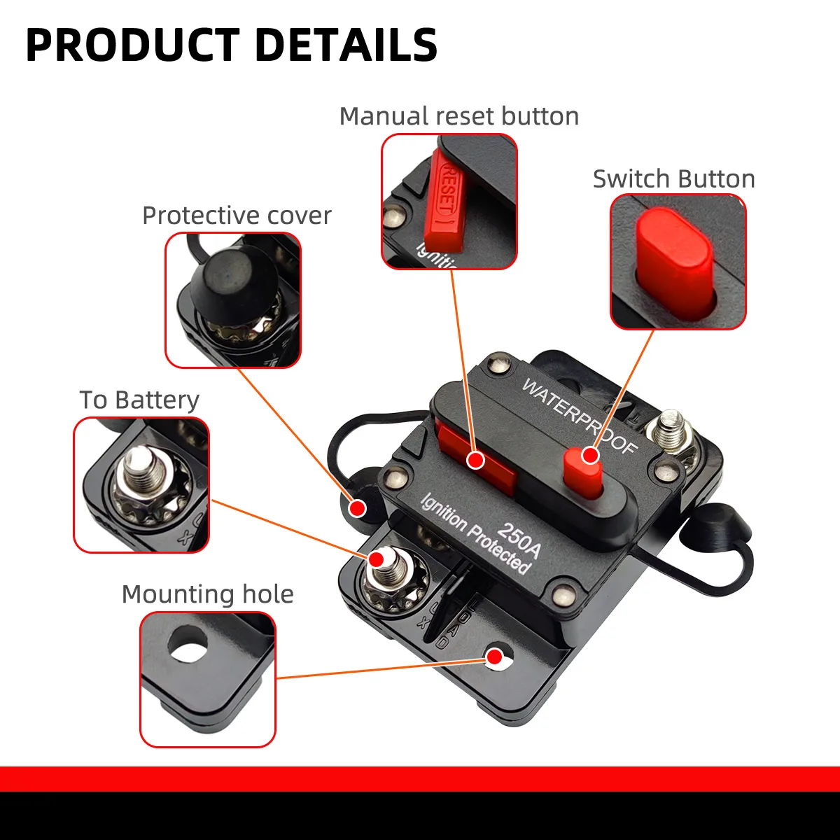 Car Waterproof Circuit Breaker Fuse Ribbon Reset 30A 40A 60A 70A 80A 100A 150A 200A 250A 300A AMP12-48V DC Car Boat Car Audio - Image 2