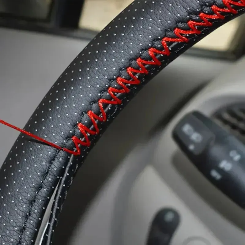 Universal Leather Car Steering Wheel Stitch On Wrap Cover Fit for 38cm 14" DIY Sewing Breathable and Anti Slip Black Grey Beige - Image 3