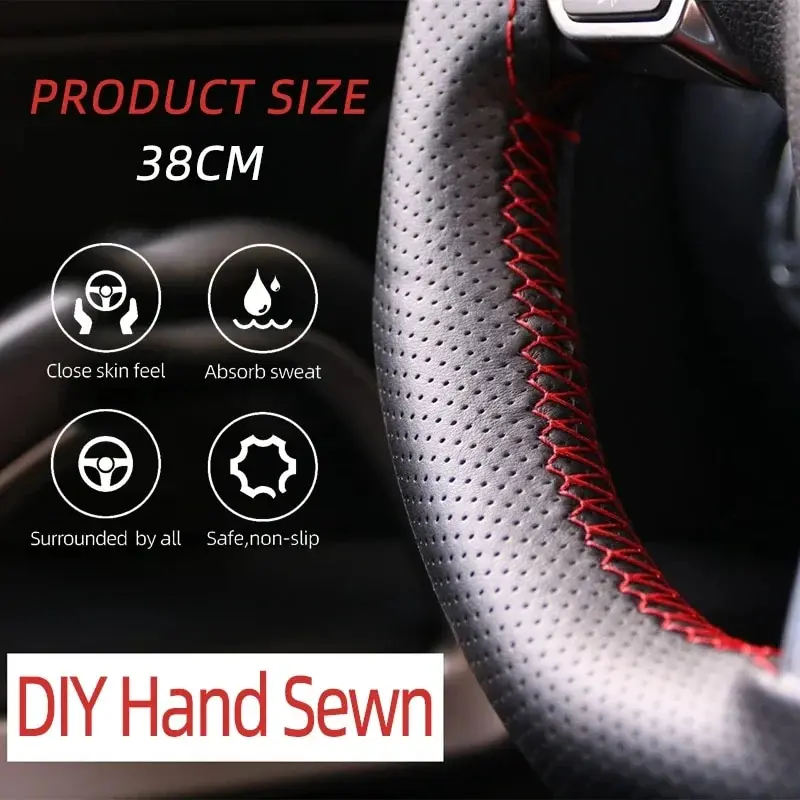Universal Leather Car Steering Wheel Stitch On Wrap Cover Fit for 38cm 14" DIY Sewing Breathable and Anti Slip Black Grey Beige - Image 6